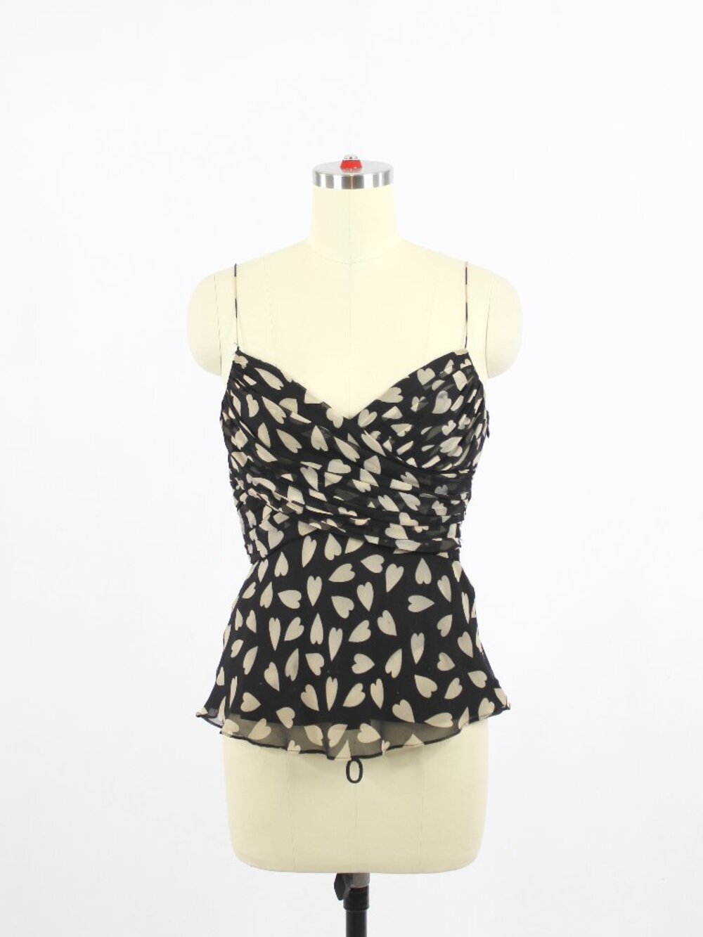 SHOSHANNA Black Beige Heart Print 100% Silk Georgette Ruched Tank Top, Size 6